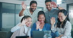 Webinar, laptop video call or business people wave for communication, training or networking with smile in office building. Teamwork, happy or team greeting for meeting, collaboration or presentation