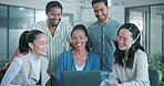 Business meeting, happy or people on laptop for research, success planning or digital marketing strategy review. Teamwork, collaboration or diversity on tech networking, communication or analytics