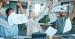 Business diversity, winner and throw paper for celebration of sales target, winning group and profit goals. Happy employees celebrate success with documents in air, applause and happiness of teamwork