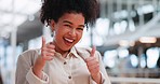 Thumbs up, business and face of black woman with emoji gesture for congratulations, job well done or winner. Agreement, finished and portrait of happy African employee with yes hand sign for success