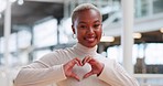 Face, heart walking with a business black woman in her office feeling happy about future success or growth. Love, trust and motivation with a young female employee taking a walk while working