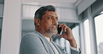 Mature businessman face, talking or phone call in financial investment deal, life insurance security or company growth strategy. Ceo, manager or finance leadership on mobile technology communication