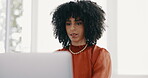 Laptop, thinking and report with a business black woman sitting at a desk with her hands on her chin. Idea, planning and agenda with a female employee typing on a computer in her office at work