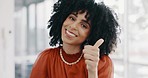 Happy, office and black woman thumbs up for business achievement, target goals success or emoji hand sign. Employee congratulations, worker and portrait of African manager girl with thumb up feedback