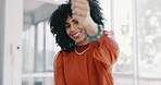 Happy, office and black woman thumbs up for business achievement, target goals success or emoji hand sign. Employee congratulations, worker and portrait of African manager girl with thumb up feedback