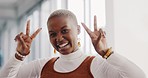 Hands, peace and face of black woman in the office with happiness, success and leadership in corporate career. Business, mindset and female worker with peace sign for vision, goals and motivation