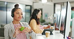 Call center, consulting or business woman with apple on computer for telemarketing, customer service contact us. Communication, sales or crm girl with food at help desk agency for technical support