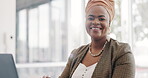 Portrait, face or black woman in office building with a happy smile working on email marketing online at desk. Human resources, startup or African worker in with motivation, goals or success mindset