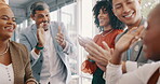 Celebration applause, diversity team or business people clapping for collaboration achievement, profit success or promotion. Support, congratulations and excited employee group happy for sales profit