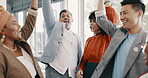 Teamwork, collaboration hands and applause of business people for support, trust and team building. Motivation, success and group of employees in huddle clapping in celebration of goals or targets.