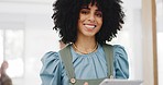 Face, business and black woman with tablet, connection and social media. Portrait, African American female or leader for digital marketing, fintech or communication for brand development or corporate