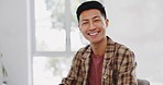 Web design, smile and face of an Asian man on a computer for information technology, website and coding. Happy, designer and portrait of a programmer working on a desktop app on a pc for work