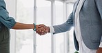 Handshake, office and business people in partnership, agreement or onboarding b2b contract. Meeting, company deal and professional colleagues shaking hands for welcome or greeting in the workplace.