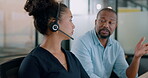 Call center, training and communication with boss in office for expert guidance, help and advice. Black people talking at online customer service consulting company for professional work feedback.