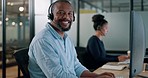 Call center, customer support and face of black man at desk working on computer, online and telemarketing. Crm, contact us and portrait of consultant for friendly service, help and customer service