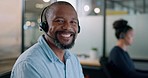 Call center, customer support and face of black man at desk working on computer, online and telemarketing. Crm, contact us and portrait of consultant for friendly service, help and customer service