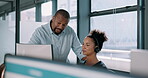 Call center, black man and training woman, telemarketing intern and crm customer service consultant on computer software in office agency. Business people, sales mentor and coaching for tech solution