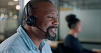 Black man, face and call center with communication and crm, contact us and phone call with client and headphone with microphone. Customer service, telemarketing and tech support with consultant help.