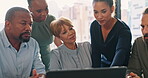 Meeting, documents and collaboration with a business team working on a laptop while planning strategy in a boardroom. Finance, accounting and teamwork with a man and woman employee group at work