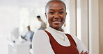 Face, leadership and black woman with arms crossed in office ready for targets or goals. Boss, ceo and happy female entrepreneur from South Africa with vision, mission or success mindset in workplace