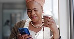 Business, black woman and smartphone for typing, social media and connection in office. Female entrepreneur, African American leader and ceo with phone for conversation, coffee and search internet