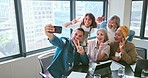 Peace sign, friends and selfie with business people and phone for teamwork, diversity and support. Social media, community and technology with employee in startup for internet, creative or networking