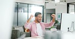 Office computer, dance and man celebrate financial profit, stock market growth or investment success. Economy, startup and crypto trader excited for forex, bitcoin mining or nft trading achievement