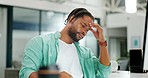 Black man, business and tired or headache while working on a computer at office with stress, depression and burnout. Mental health of male employee with fatigue, pain or frustrated with problem