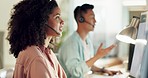 Call center, black woman and communication on computer at night for business advisory, telemarketing and help. Female consultant, online technology and sales office for client support, help or advice