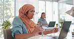 Laptop, confused and professional woman reading information for a project on the internet. Thinking, brainstorming and female muslim or islam employee working on a report with computer in the office.