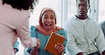 Islamic woman, handshake and celebration at interview, happy and screaming with excited smile in queue. Muslim professional, celebrate and happiness for new job, success and goals at workplace
