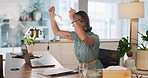 Yes, success and celebration of business woman working on a computer feeling happy about work growth. Finance profit, nft invest success and trading target goal of a financial worker excited 