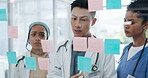 Doctors, planning or teamwork meeting on hospital calendar, sticky notes strategy or glass wall innovation. Healthcare, people or talking worker nurse and medical diversity vision or surgery schedule