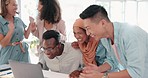 Laptop, good news and team in celebration of success, achievement or teamwork goal in the office. Diversity, celebrate and happy business people celebrating successful collaboration in the workplace.