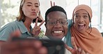 Business people, face and happy office selfie, solidarity or diversity for team building. Startup staff group, smartphone or friends photo with funny, excited and teamwork support with islamic woman