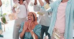 Business people, success and money in air for celebration of sales target, winning group and profit goals. Happy employees throw cash, celebrate and applause for happiness, financial trading or bonus