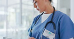 Nurse, thinking or tablet in hospital surgery planning, schedule management or Japanese treatment research. Woman, doctor or healthcare worker on technology for medical research or medicine insurance