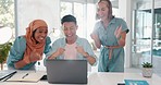 Excited, laptop email and business people reading news, achievement and win with support at work. Wow, motivation and employees with high five, for success, bonus and competition on a computer