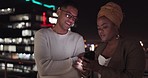 Night, man and black woman with smartphone, connection and social media outdoor. Latino male, Nigerian female and cellphone for communication, share ideas and discussion late evening or online search