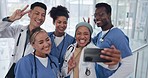 Doctors, team and selfie with diversity and health group, happiness with collaboration and smartphone photography. Medical professional, happy in picture and people in medicine with peace hand sign