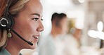 Telemarketing, asian face and woman consulting for technical support, call center or crm. Sales agent, consultant and help desk on technology in office for online telecom, questions and web solution