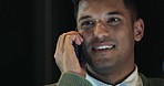 Phone call, night and business man with smile in communication, networking or employee conversation. International, global and corporate worker talking on cellphone for late mobile chat or discussion