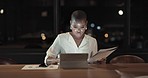 Black woman, tablet and night in office for research, planning and late with documents, web and focus. Corporate woman, mobile tech and paper for agreement, contract and report at insurance agency