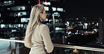 Night, view and business woman at work for corporate overtime, working and thinking on a balcony. Overtime, dark and employee in the city for late company idea, job vision and workplace deadline