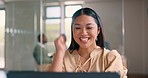 Laptop, celebrate and business woman reading infographic of stock market growth, investment profit or ipo success. Fist pump, forex trading or cryptocurrency trader excited for bitcoin mining revenue