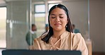 Asian business woman, laptop and breathing in for relief, relaxation or stress management at the office. Happy, calm and relaxed female employee working on computer taking a deep breath at workplace