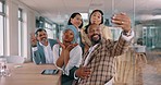 Phone selfie, diversity and funny business people with office meme photo for team support, solidarity or startup success. Emoji gesture pose, happy memory and group picture for company social media