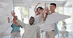 Victory, celebrate and business people throw paper to celebrate achievement, success or goals. Happiness, celebration and team throwing documents while celebrating successful teamwork in office.