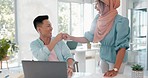 Fist bump, success and people on laptop in office teamwork, collaboration or startup support handshake. Diversity, high five sign of asian and muslim worker or employees in online strategy or goals