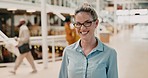 Business woman, happy portrait and leader with glasses in a corporate office with a smile vision and pride for career choice. Face of a female entrepreneur laughing and confident about startup growth